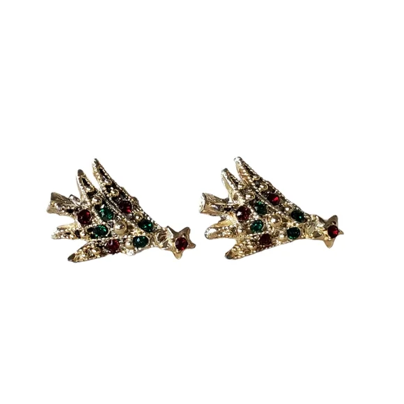 VTG Goldtone Screwback Rhinestone Chrismas Tree Earrings - Picture 1 of 3